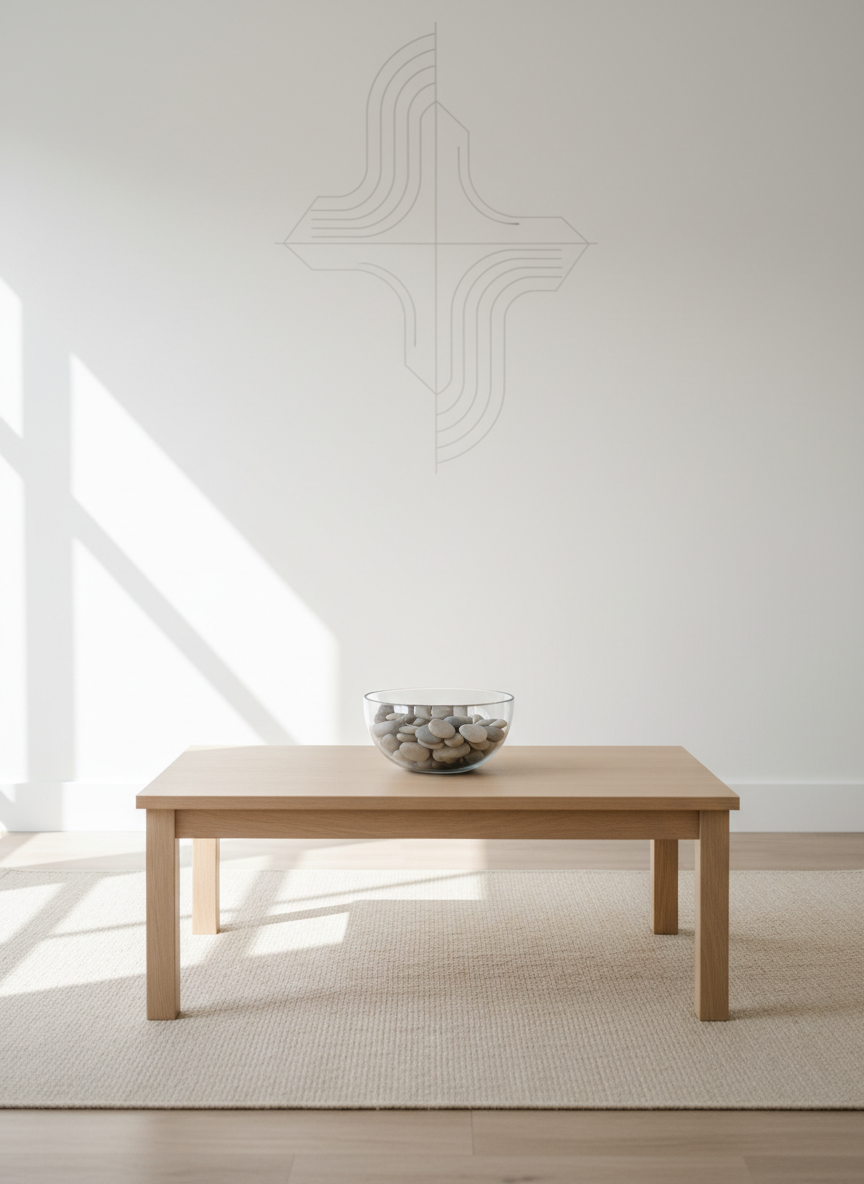 A neatly arranged holistic healing consultation space featuring a low, pale oak table with a smooth matte finish, holding a single clear glass bowl filled with polished river stones in muted grays and soft taupes. The table stands on a light sand-colored rug with a subtle woven texture, set against a clean white wall with a minimal geometric line-art graphic suggesting flowing energy currents. Soft, diffused daylight enters from an unseen window to the left, casting gentle, linear shadows that emphasize the clean lines and structured layout. Shot at eye level with a centered, balanced composition and moderate depth of field, the photographic realism and neutral palette create a calm, professional, and trustworthy atmosphere suitable for a holistic healing business homepage.
