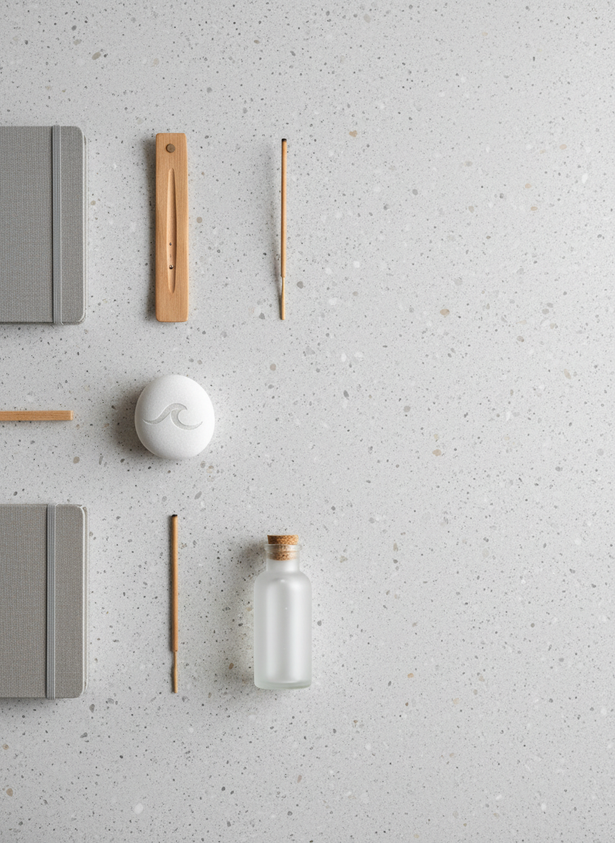 A carefully composed flat-lay of holistic healing tools on a wide, light concrete surface with a fine, speckled texture. In the center, a smooth, oval-shaped white stone is etched with a subtle, abstract wave symbol, surrounded by neatly aligned items: a closed linen-bound journal in warm gray, a slim wooden incense holder without smoke, and a minimalist frosted glass bottle. The objects are spaced with precise, geometric alignment, creating a structured layout. Overhead diffused studio lighting produces soft, even illumination with almost no harsh shadows. The mood is serene, organized, and clinical yet soothing. Photographic realism with a rule-of-thirds composition emphasizes negative space, neutral tones, and clean lines, perfect for illustrating professional energy medicine and self-care concepts.