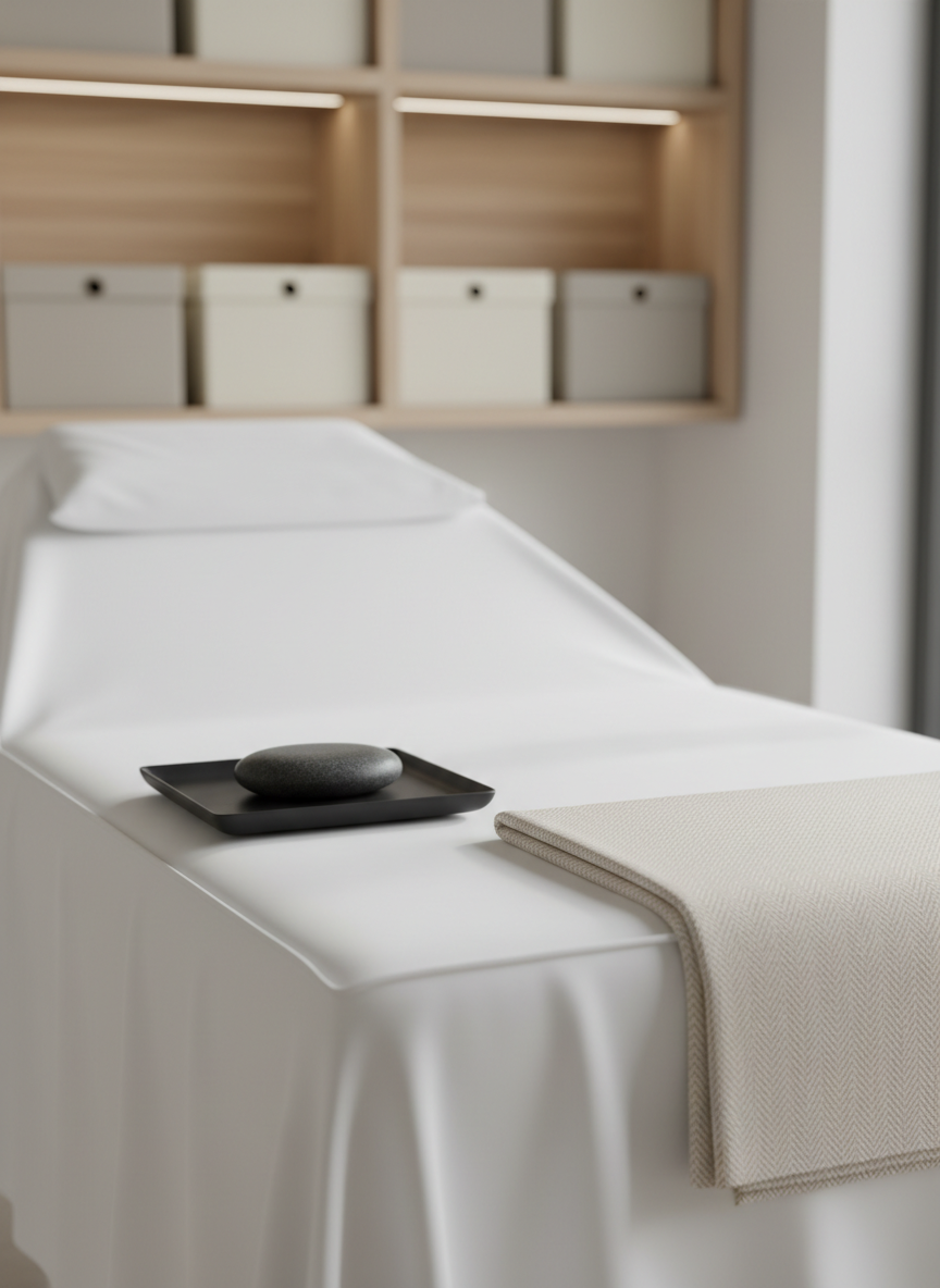 A close-up of a pristine white treatment table with a tightly fitted cotton cover, its edges sharply defined, in a holistic healing studio. At the foot of the table, a neatly folded light beige blanket with a subtle herringbone texture rests atop, and beside it, a single smooth basalt stone sits precisely centered on a square, matte black tray. The background shows a softly blurred wall-mounted shelving unit in light wood, holding uniformly spaced neutral-toned storage boxes. Soft overhead LED lighting combined with indirect daylight from the right creates gentle highlights on the fabrics and stone. Shot from a slightly elevated angle with shallow depth of field, the image feels clinical yet calming, embodying photographic realism and a corporate, wellness-focused aesthetic.